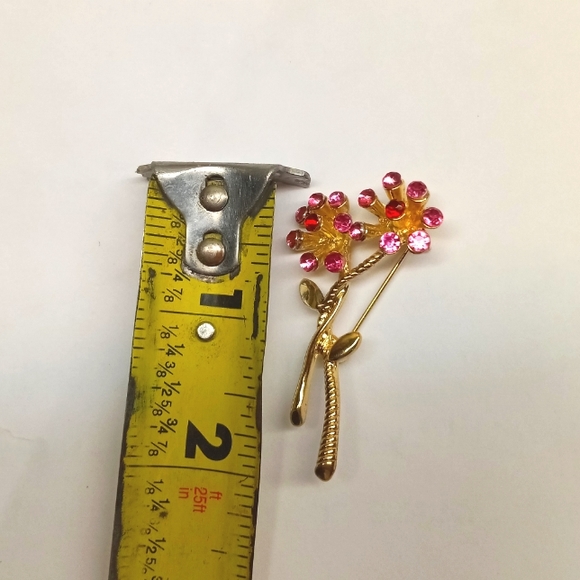 Antique 1940s Austrian pink and red glass gold plated flower brooch - Picture 8 of 8
